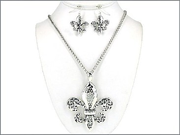 OS02277ASCRY Fleur De Lis Necklace W/Earrings