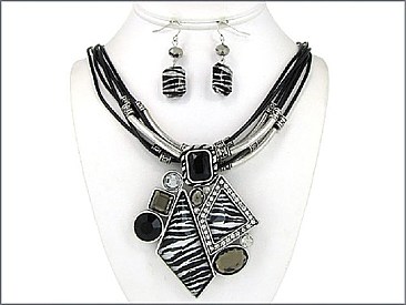 OS02362BZEB Designer Textured Zebra Necklace with Earrings