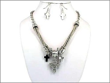 OS03034RDCRY Designer Cross With Stone Necklace 18" Set