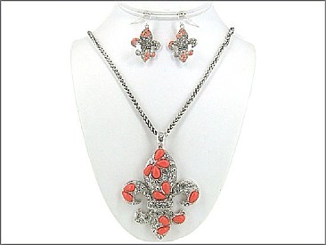 OS01129ASORG Fleur De Lis Necklace W/Stone 18" Set