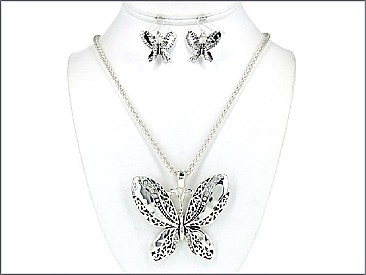 OS02276ASCRY Butterfly Necklace W/Earrings