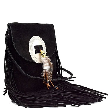P6046-LP Feather Accent Felt-Suede Fringed Cross Body