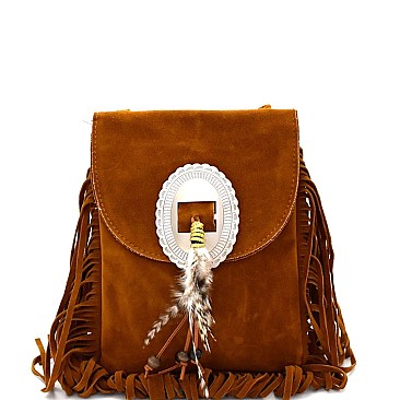 P6046-LP Feather Accent Felt-Suede Fringed Cross Body