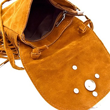 P6046-LP Feather Accent Felt-Suede Fringed Cross Body