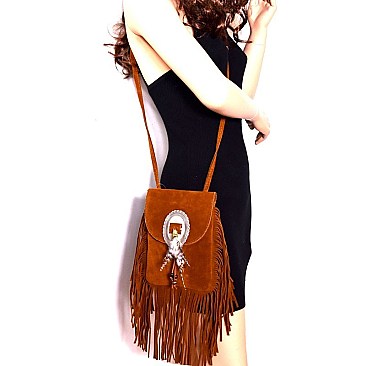 P6046-LP Feather Accent Felt-Suede Fringed Cross Body