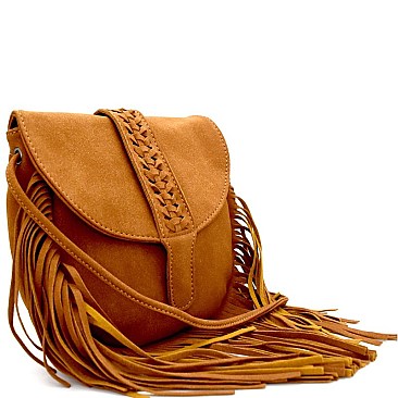 P8500-LP Braid Accent Felt-Suede Fringed Flap Cross Body