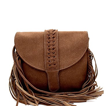 P8500-LP Braid Accent Felt-Suede Fringed Flap Cross Body