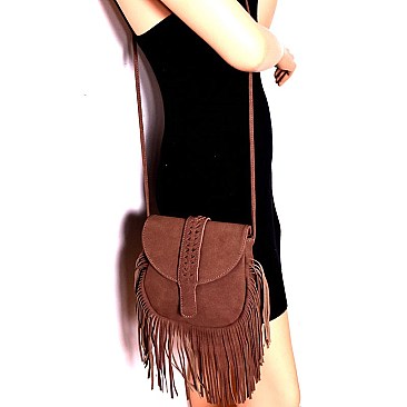 P8500-LP Braid Accent Felt-Suede Fringed Flap Cross Body