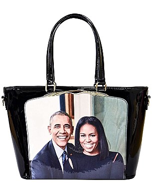 OBAMA MAGAZINE PRINT PATENT TOTE WITH GOLD EMBELLISHED COMPARTMENT JP-PA00463