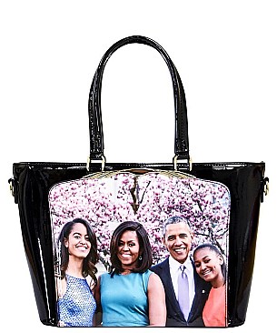 OBAMA MAGAZINE PRINT PATENT TOTE WITH GOLD EMBELLISHED COMPARTMENT JP-PA00465