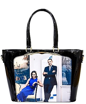 OBAMA MAGAZINE PRINT PATENT TOTE WITH GOLD EMBELLISHED COMPARTMENT JP-PA00466