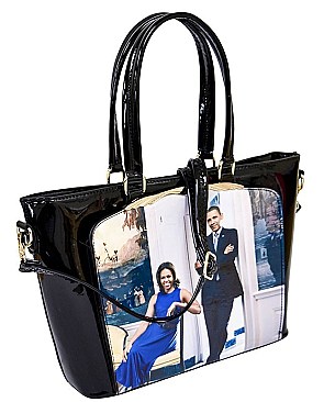 OBAMA MAGAZINE PRINT PATENT TOTE WITH GOLD EMBELLISHED COMPARTMENT JP-PA00461
