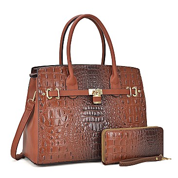 Ostrich & Croco Embossed Satchel With Matching wallet