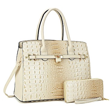 Ostrich & Croco Embossed Satchel With Matching wallet