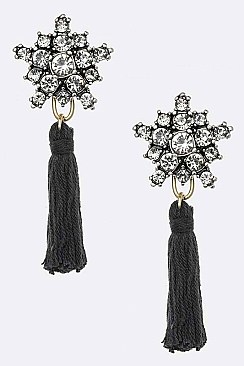 Posh Crystal Flower Cotton Tassel Iconic Earrings LAE3010Z
