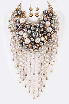 Mix Pearl Layer Head Turner Statement Necklace Set