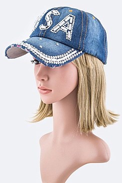 Crystal USA Embelished Denim Cap LA-EMH8414