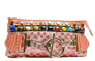 Sequin Beaded Metal Buckle Accented Clutch