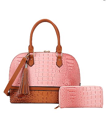 2-in-1 Crocodile Skin Dome Satchel Wallet Set