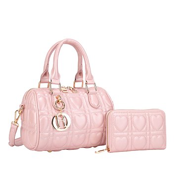 2-in-1 Quilted Heart Design Boston Satchel With Wallet