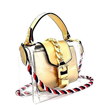 PL0264-LP Chain Accent Colorful Braided Strap Clear Top-Handle Satchel