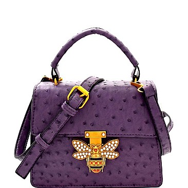 Rhinestone Bee Charm Ostrich Embossed Shoulder Bag