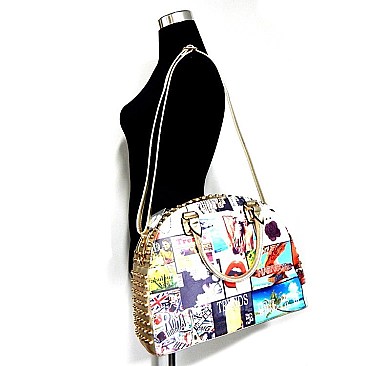 Magazine Print Rhinestone Stud Round Tote - New