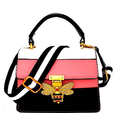 PL1712-LP Rhinestone Bee Charm Color Block Shoulder Bag