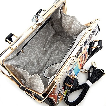 Magazine Print Diamond-top & Metal Frame Satchel