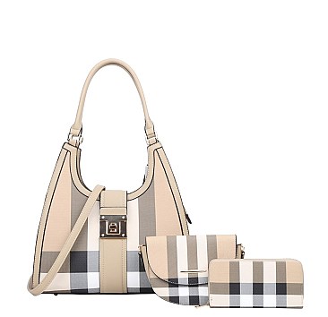 3 IN 1 Curve Monogram Plaid Tote Bag + Crossbody + Wallet