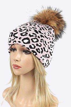 Leopard Print Fur Pom Knit Beanie