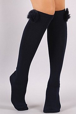 Chic Fur Pom Knee High Tights Socks LA-SO400031