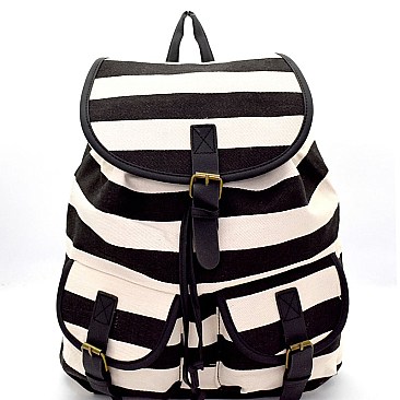 PP6596-LP Stripe Print Canvas Drawstring Fashion Backpack