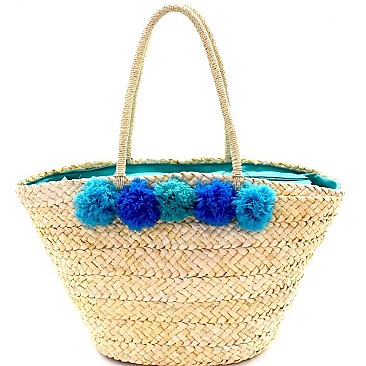 Pom Pom Accent Woven Straw Tote MH-PP6623