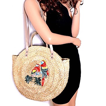 Boutique  Quality Parakeet Embroidered Woven Straw Satchel MH-PP6705