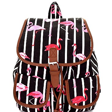 Flamingo Print Pinstriped Canvas Novelty Backpack MH-PP6752