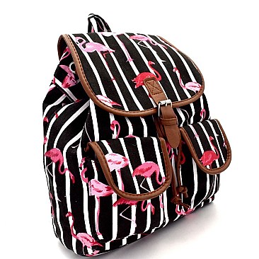 Flamingo Print Pinstriped Canvas Novelty Backpack MH-PP6752