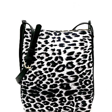 FELT-SUEDE LEOPARD PRINT BUCKET MESSENGER SHOULDER BAG