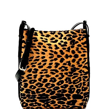 FELT-SUEDE LEOPARD PRINT BUCKET MESSENGER SHOULDER BAG