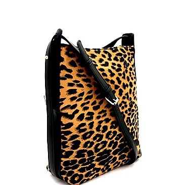 FELT-SUEDE LEOPARD PRINT BUCKET MESSENGER SHOULDER BAG