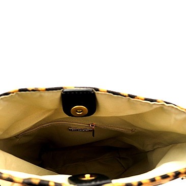 FELT-SUEDE LEOPARD PRINT BUCKET MESSENGER SHOULDER BAG