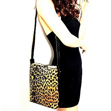 FELT-SUEDE LEOPARD PRINT BUCKET MESSENGER SHOULDER BAG
