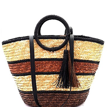 Fashionable Multi-Color Striped Straw Round Handle 2-Way Tote MH-PP6883