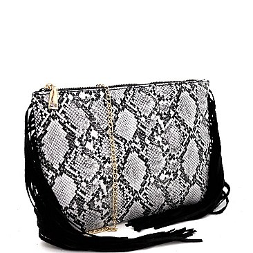 SNAKE PRINT FRINGED SIDE CLUTCH SHOULDER BAG