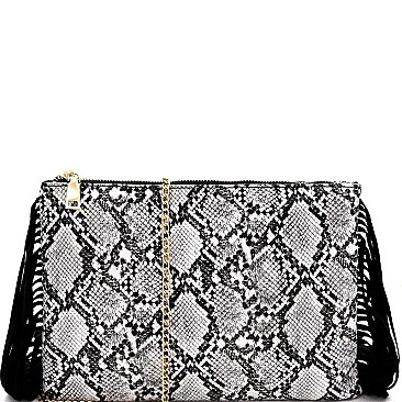 SNAKE PRINT FRINGED SIDE CLUTCH SHOULDER BAG