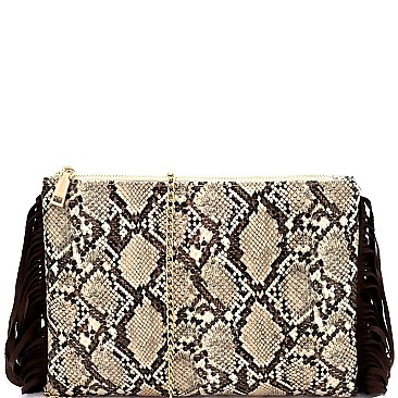 SNAKE PRINT FRINGED SIDE CLUTCH SHOULDER BAG