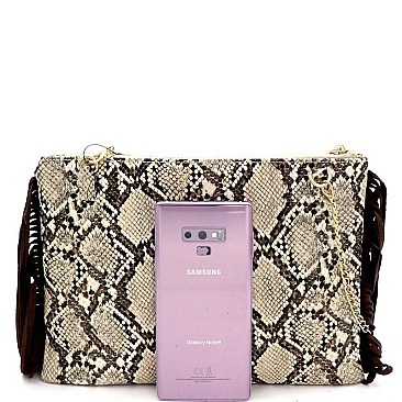 SNAKE PRINT FRINGED SIDE CLUTCH SHOULDER BAG