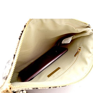 SNAKE PRINT FRINGED SIDE CLUTCH SHOULDER BAG