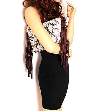 SNAKE PRINT FRINGED SIDE CLUTCH SHOULDER BAG