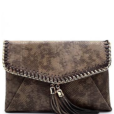 PPC3967-LP Tassel Accent Snake Print Envelope Chain Flap